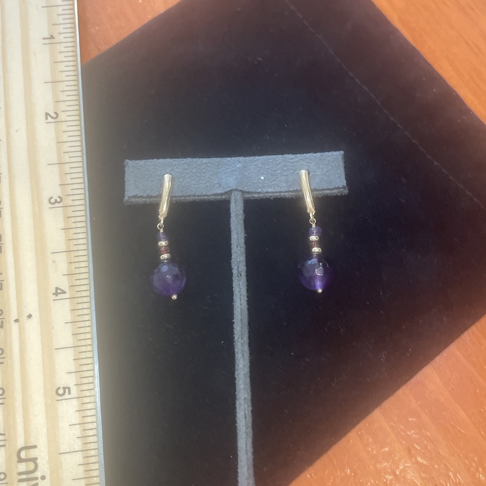 14k Gold  Amethyst & Garnet Pierced Earrings - Picture 5 of 7